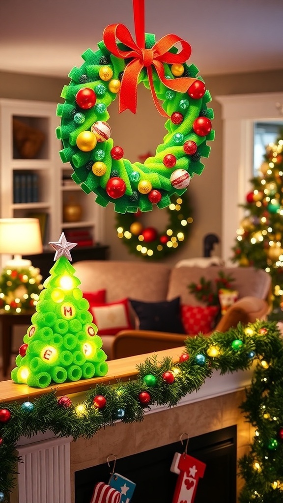 Creative Christmas decor made from pool noodles, including a wreath, tree shape, and garland in a festive living room.